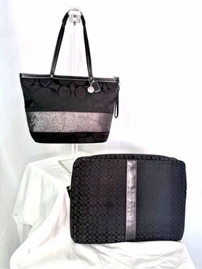 Rare VNTG Coach Y2K Black Signature Stripe Tote & Matching Laptop Sleeve Set